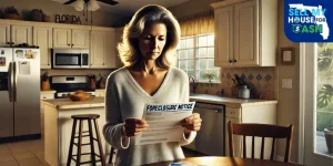Florida woman reading foreclosure notice surrounded by past due bills