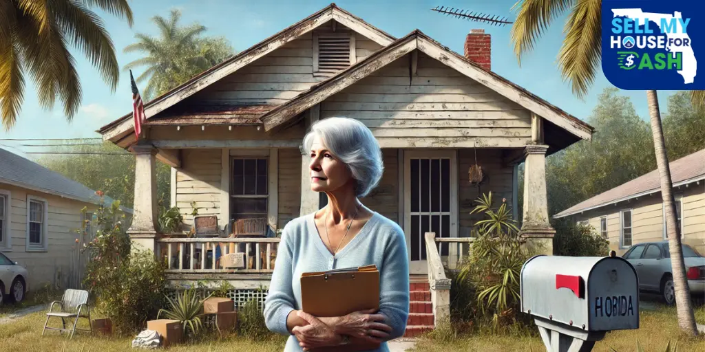 Inheriting a House in Florida Isn’t Always Easy Florida homeowner standing in front of an outdated inherited house, facing the emotional and financial burden of selling