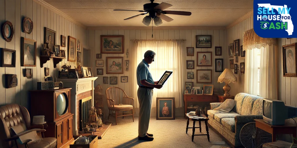 Sorting Through a Loved One’s Home in Probate Florida homeowner inside a parent’s older home, facing emotional decisions about probate and selling