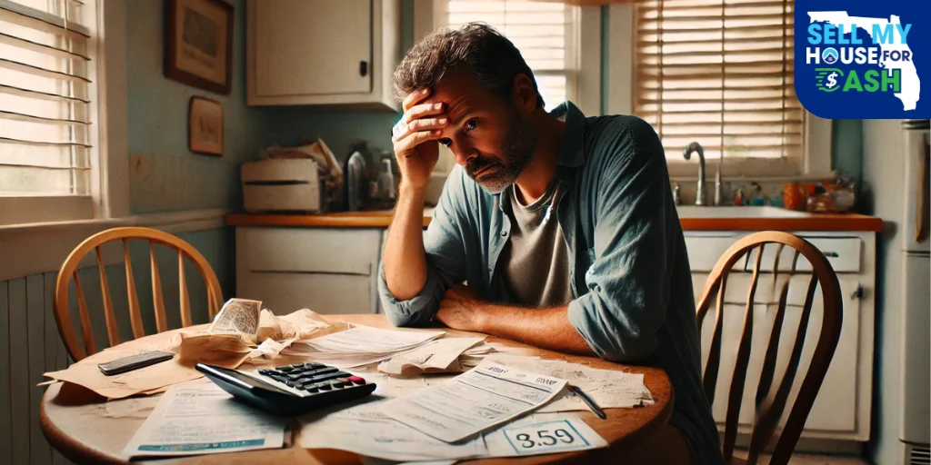Overwhelmed Landlord Trying to Sell a House with Tenants Stressed Florida landlord surrounded by bills and tenant paperwork