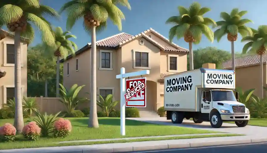 Pricing Your Florida Home for a Fast Sale Florida house with reduced price sign and moving truck showing urgency to sell fast