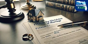 Divorce paperwork and legal documents on a table during a house sale in Florida