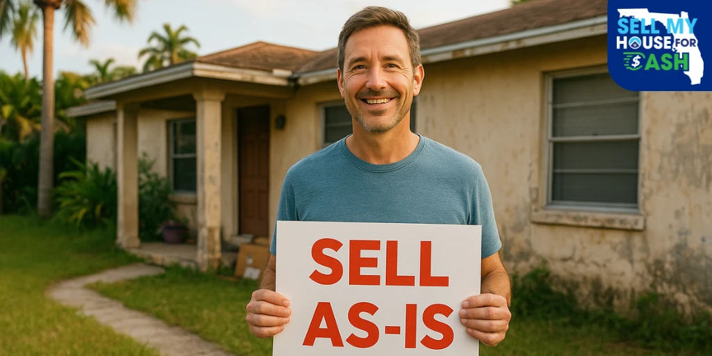 Tired Florida homeowner holding a "Sell As-Is" sign in front of a run-down house with peeling paint and an overgrown yard