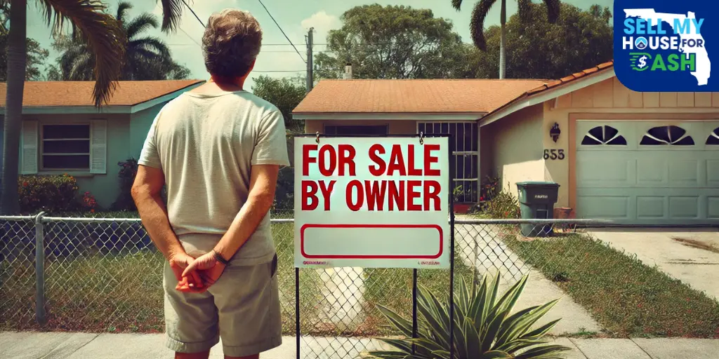 Florida homeowner standing in front of a house with a For Sale By Owner sign