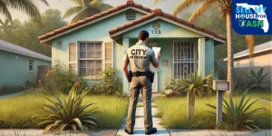 City official posting code violation notice on neglected Florida home with overgrown grass and peeling paint