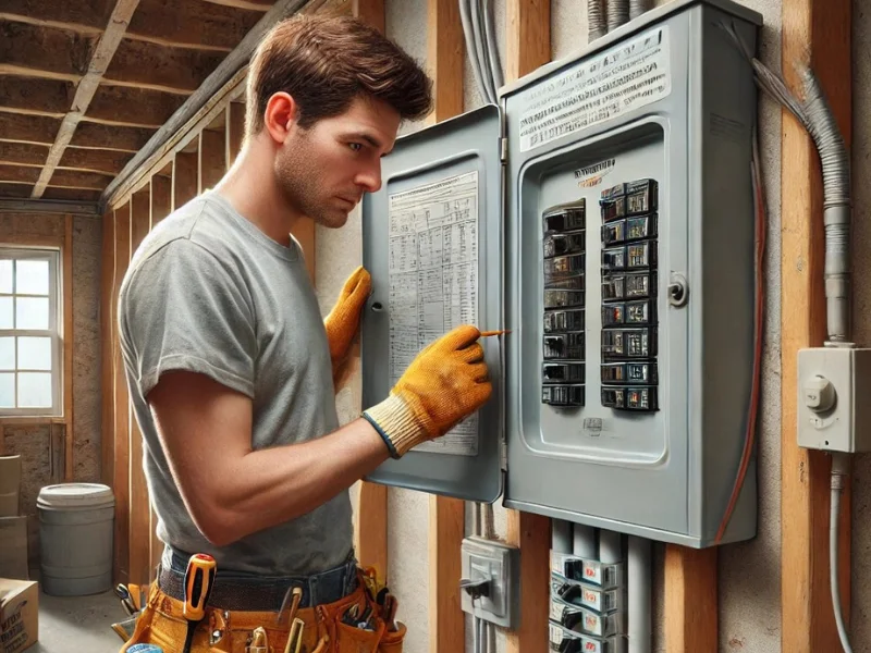 Inspector reviewing an electrical panel for code compliance issues in a Florida home