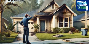 Florida homeowner looking at a partially fire-damaged house, unsure what to do next