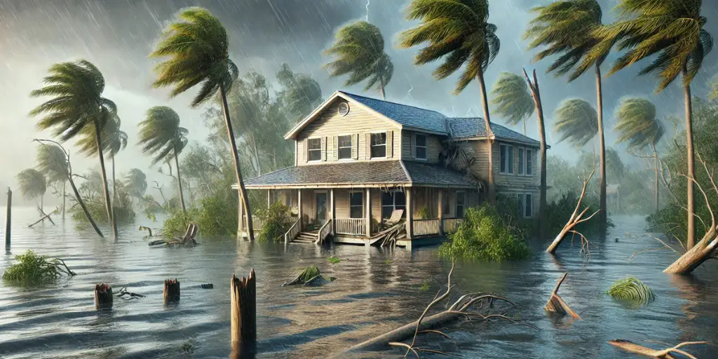 Florida house with visible flood water damage and roof shingles missing after a storm