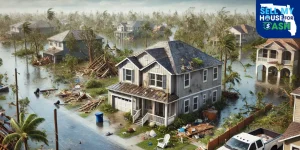 Florida home damaged by hurricane storm surge with debris and high water line