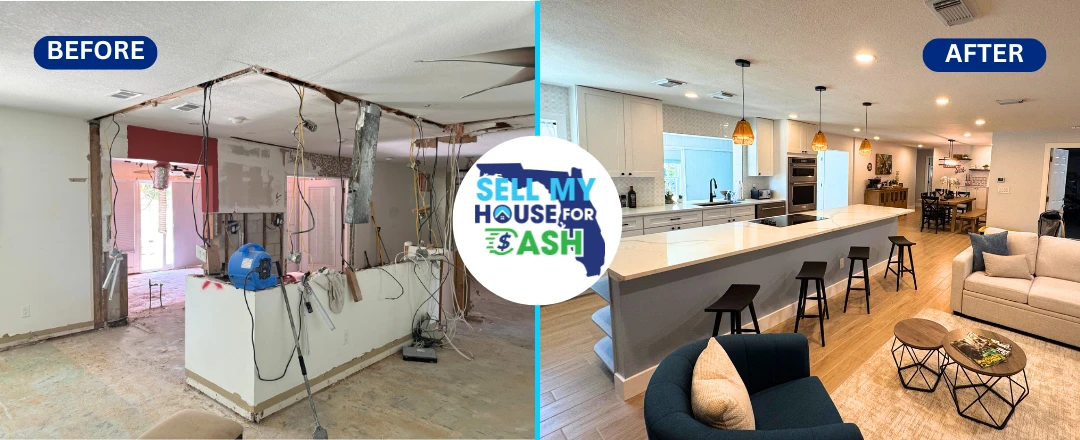 Before and after photo of a house renovation in Florida by a cash buyer.