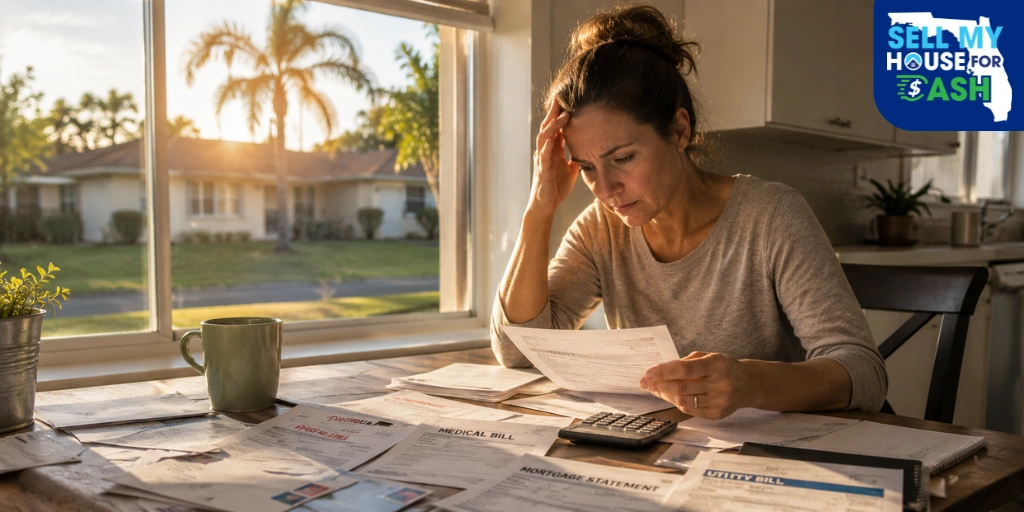 Florida homeowner sitting at kitchen table surrounded by medical bills mortgage statements and utility bills looking overwhelmed