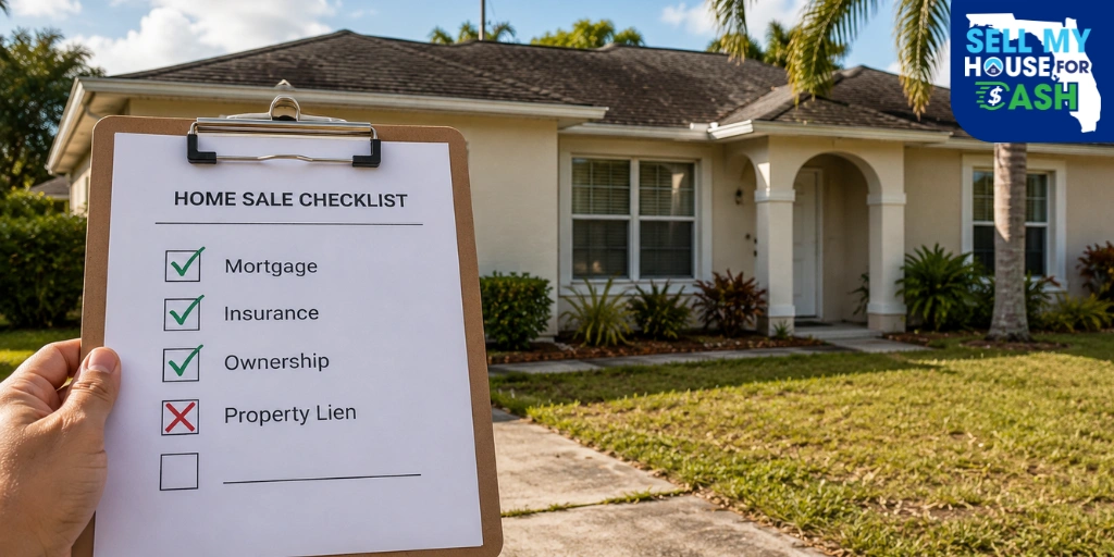 Home sale checklist showing a property lien flagged on a clipboard in front of a well-maintained Florida house