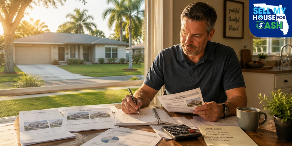 Florida homeowner reviewing property listings and comparing selling options at kitchen table with Florida house visible through window