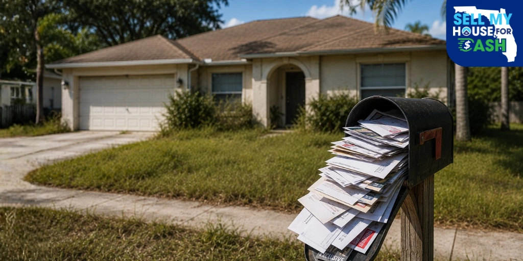 Vacant Florida house with overgrown lawn and overflowing mailbox showing months of uncollected mail